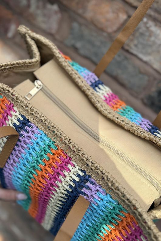 Kondi Rainbow Raffia Tote Bag Tan